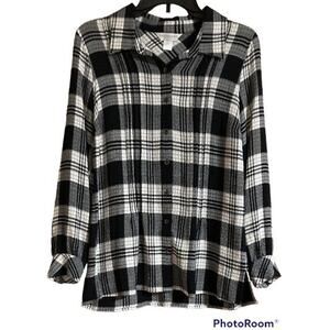 Womens Christopher Banks Long Sleeve Button-up Blouse Soft Plaid Black White PS